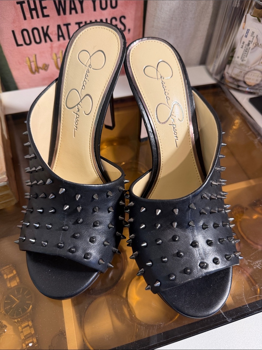 Jessica Simpson Black Spiked Mule Heels with Open Toe